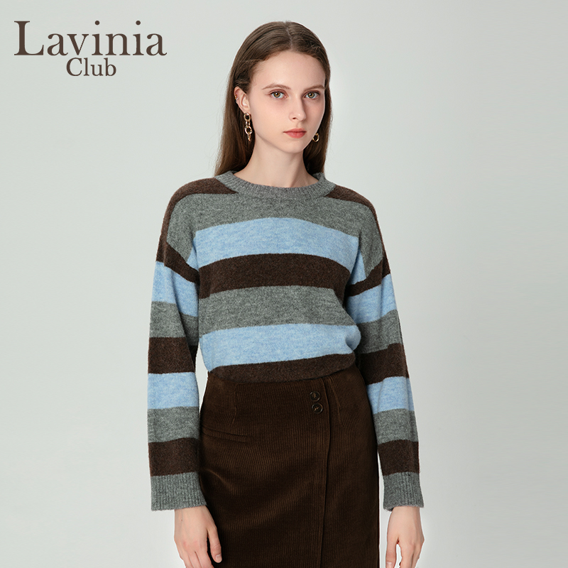 Lavinia2024秋冬新款含羊毛撞色毛衣圆领气质通勤针织衫女O47Z106