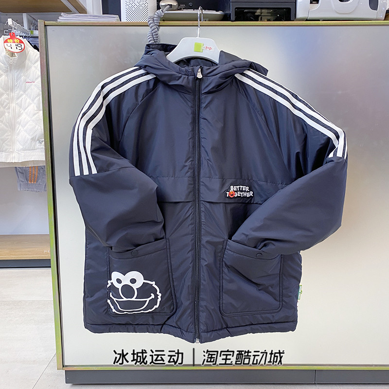 Adidas阿迪达斯NEO女子芝麻街联名保暖连帽棉服外套HM7484