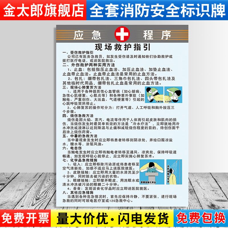 现场救护指引标识贴警示牌应急程序救护操作说明提示指示标志牌工厂外伤紧急情况急救方法急救牌墙贴定制ZX