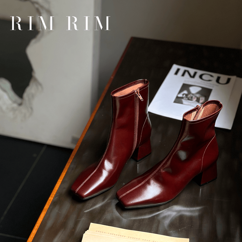 RIM RIM2024秋冬新款塑型马皮鞋法式复古亮面短靴女瘦瘦靴时装靴