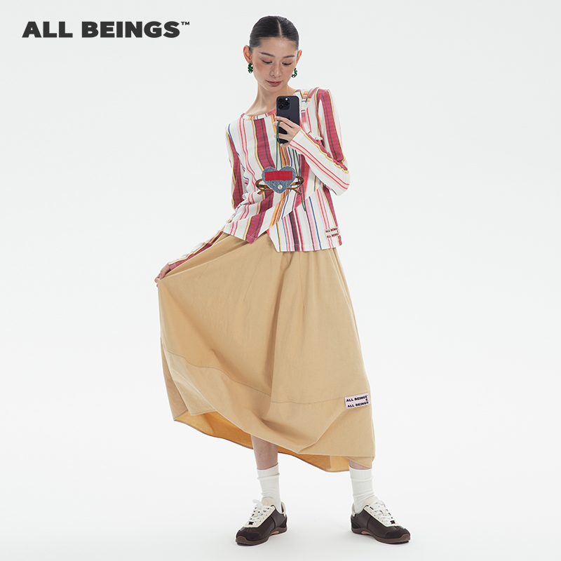 ALL BEINGS24SS夏季新款设计感女彩标空气花苞卡其色长裙