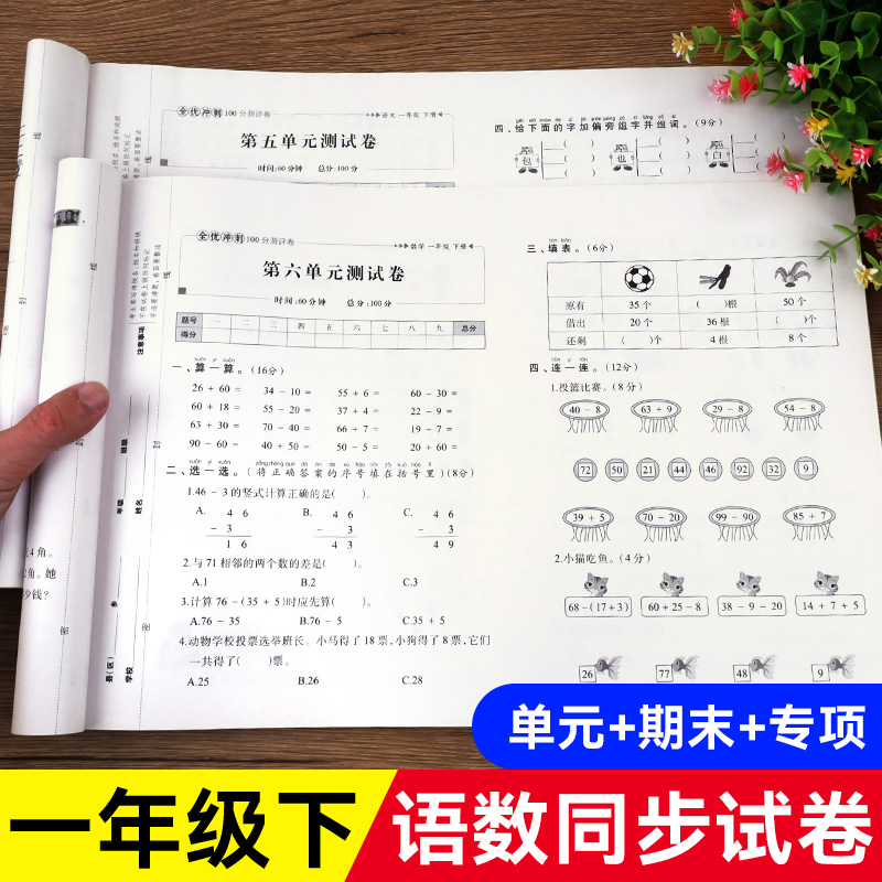 一年级下册语文数学试卷测试卷 全套2册同步训练书人教版 小学单元考试卷子课堂练习册部编版全能练考卷期末总复习冲刺100分黄冈题