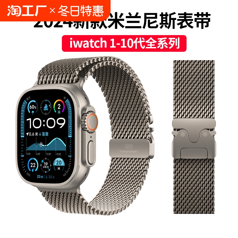 适用苹果S10手表表带iwatch8手表带s9米兰尼斯applewatch7表链磁吸钛金属不锈钢女夏季高级感腕带ultra男新款