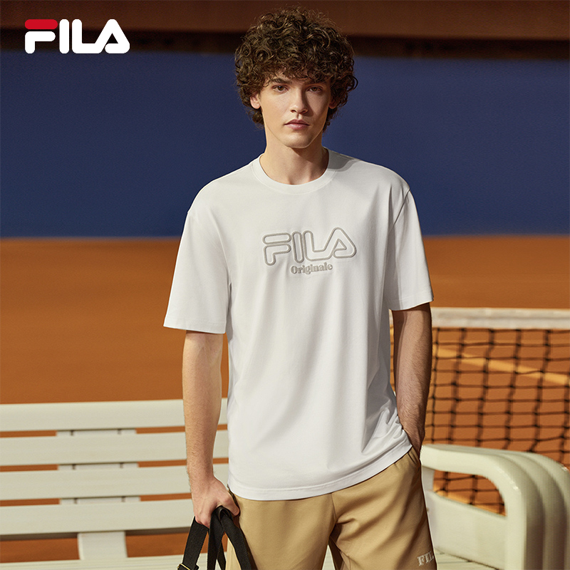 FILA 斐乐官方男子针织短袖衫2024秋季新款休闲冰丝舒适纯棉白T恤