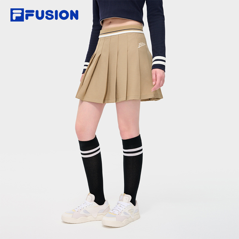 FILA FUSION斐乐潮牌女子梭织裙2024秋新款时尚休闲百褶裙半身裙