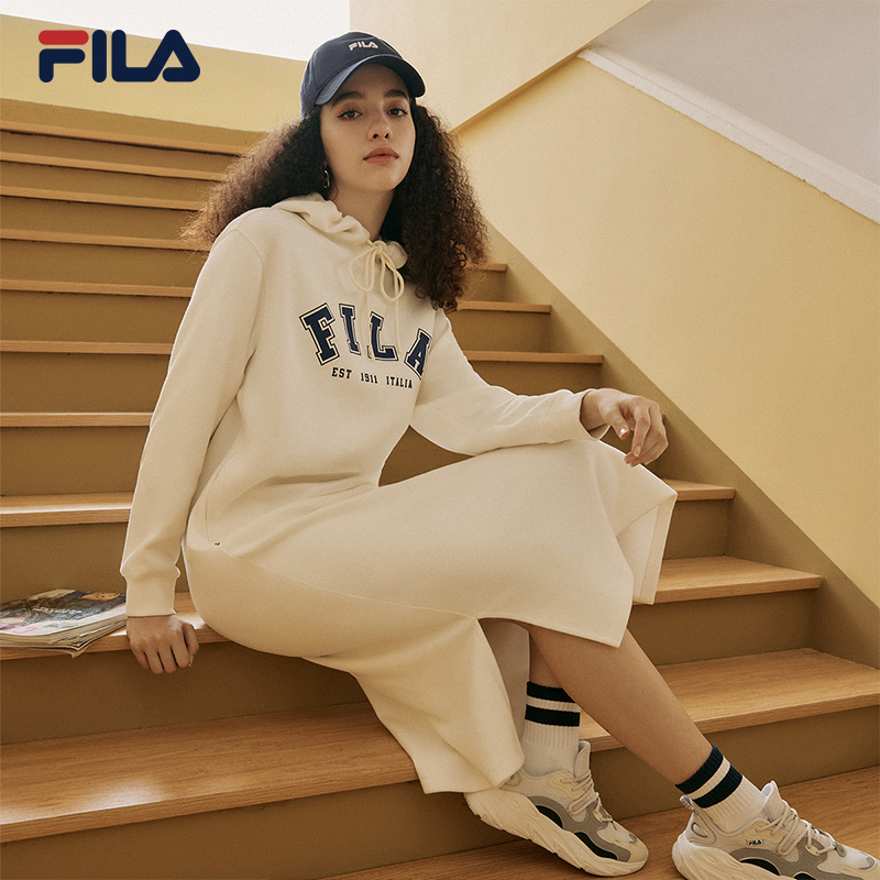 FILA 斐乐官方秋季运动卫衣连衣裙休闲打底连帽长款过膝裙