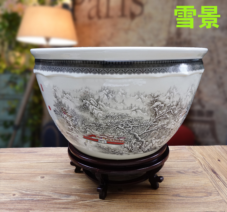 雪景 景德镇陶瓷鱼缸手绘青花养鱼盆书画缸荷花缸睡莲碗莲水族箱