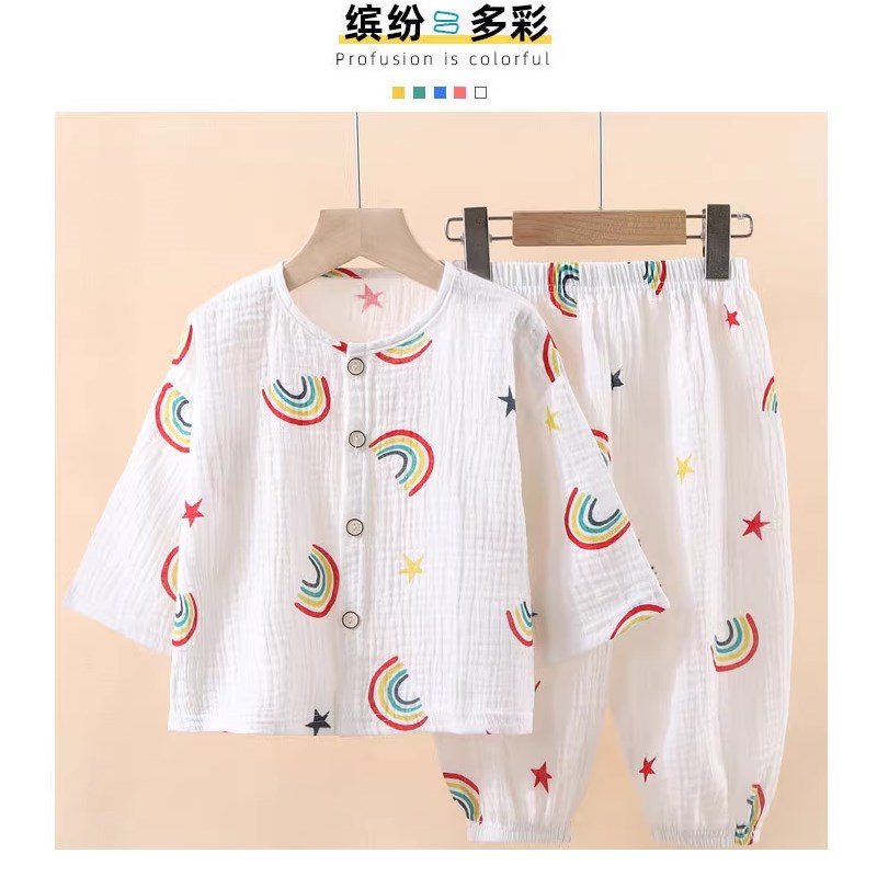 儿童薄款双层棉纱布睡衣夏季女童家居服男宝宝空调服套装纯棉绵绸