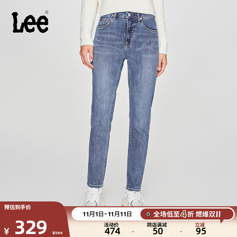 Lee24新品413标准高腰小直脚中浅蓝四季款女牛仔裤显瘦潮流A06495