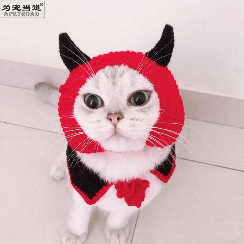 新品小恶魔头套披风宠物饰品猫帽子猫咪变装帽手工编织宠物服饰