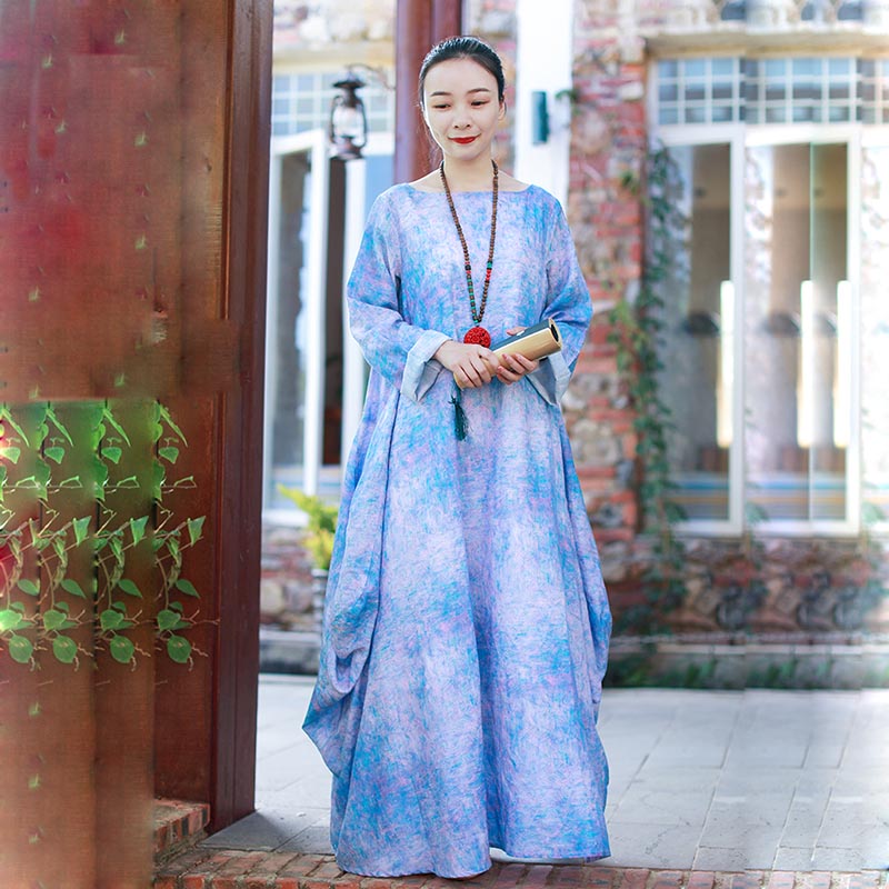 民族风天丝麻印花长裙女 宽松袍子春秋季花苞裙子大码长袖连衣裙