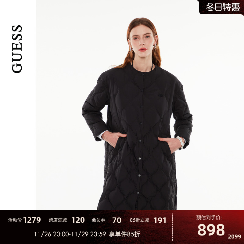 GUESS24年新款冬季女士百搭纯色绗缝中长款羽绒服-Q4PN28W55R0