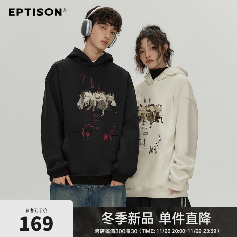 Eptison24FW美式休闲加绒连帽卫衣男秋冬潮流印花重磅情侣上衣