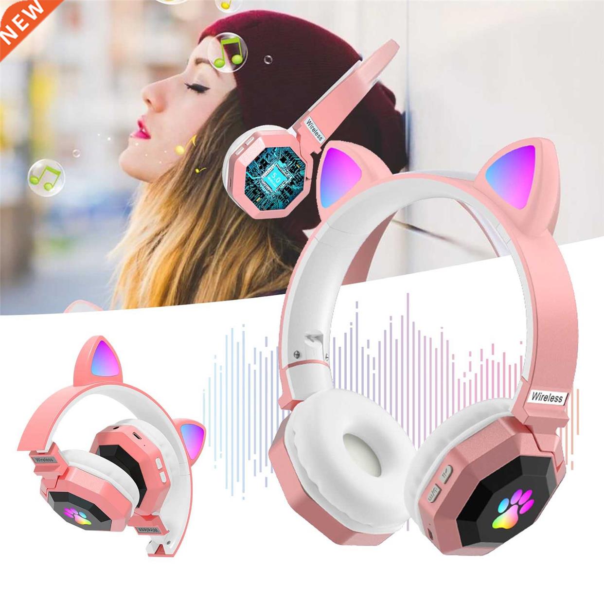 RGB Cat Ear Bluetooth Wireless Headphone with Mic Young Peop