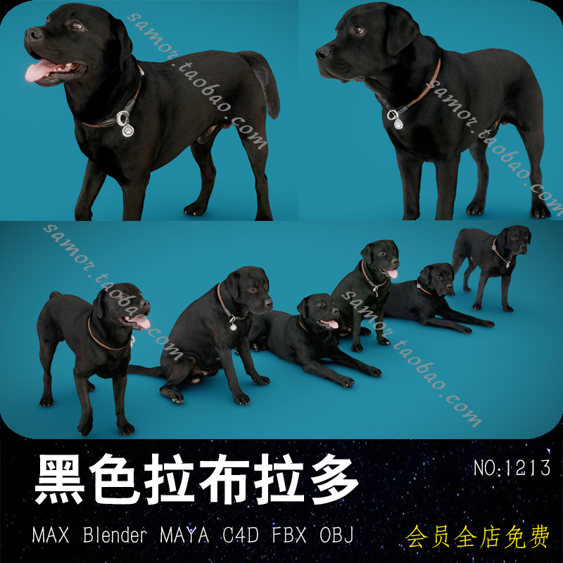 黑色拉布拉多OBJ模型 FBX中型犬MAX写实动物Blend狗狗C4D设计素材