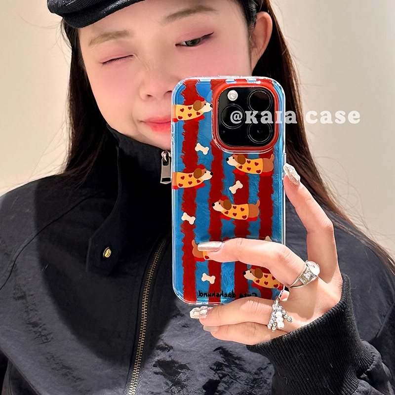 美式复古红蓝撞色腊肠狗适用iphone16promax手机壳苹果15Pro新款14可爱16女13卡通14pro创意11双层12保护套