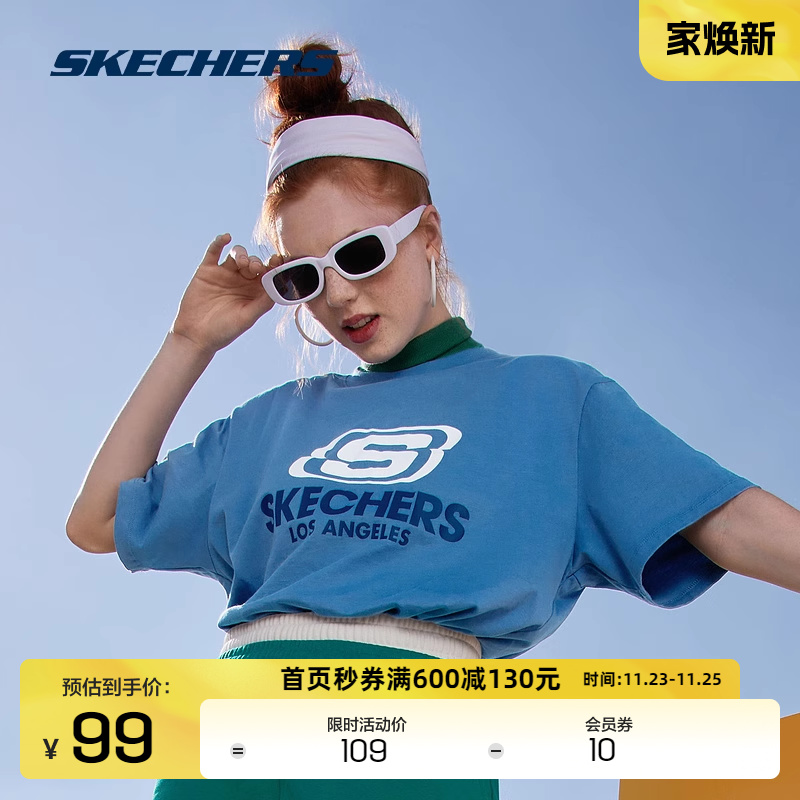 Skechers斯凯奇t恤情侣款透气上衣男潮流体恤圆领运动宽松短袖女