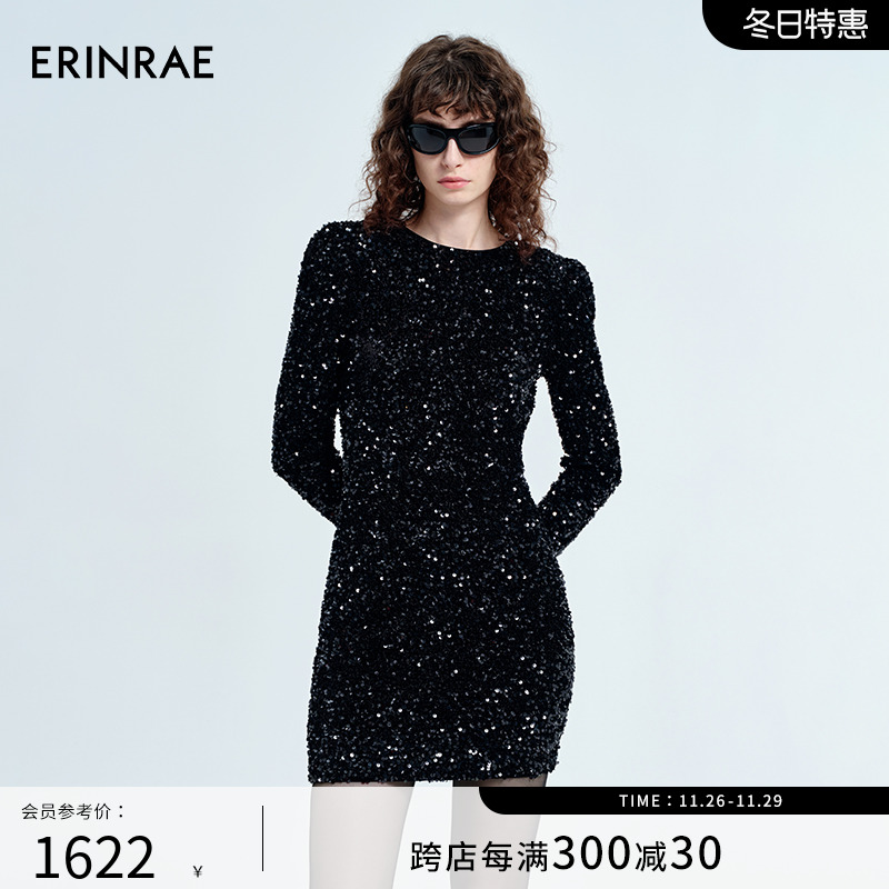 ERINRAE丨2024秋季新品亮片连衣裙圆领长袖短裙EG381245PL20