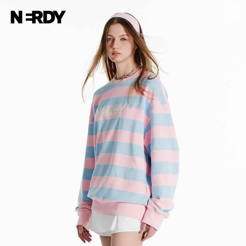 NERDY20春25冬新品情侣装宽条纹经典圆领宽松休闲卫衣女上衣新品