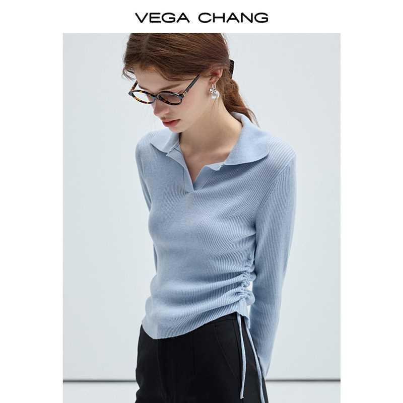 VEGA CHANG针织衫女20修身秋新款24显瘦设计感抽绳polo领长袖新款