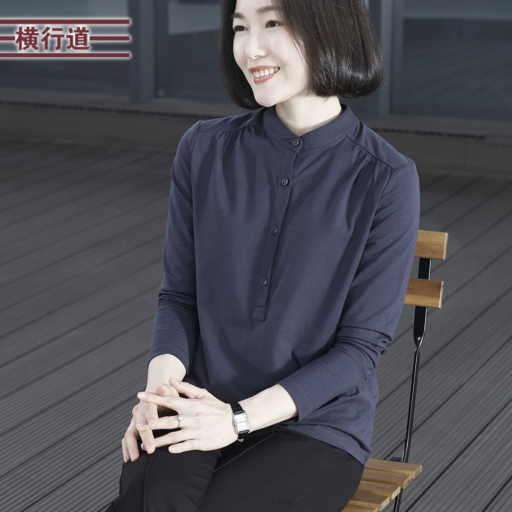 2024秋季新款简约休闲立领排扣纯色长袖T恤女装外穿上衣服大码