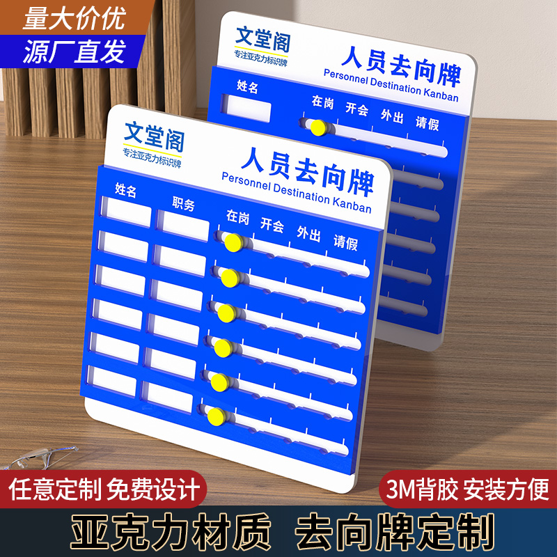 亚克力工作人员去向牌定制员工岗位牌公司科室部门公告栏贴纸办公室标识牌在岗状态牌开会外出提示牌子可更换