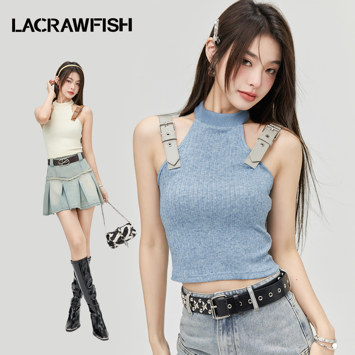 怦然心动20岁同款LACRAWFISH原创甜酷皮袢露背挂脖吊带背心上衣女