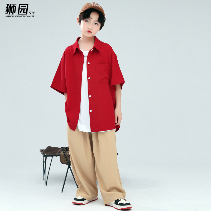 儿童街舞潮服套装男童嘻哈hiphop炸街潮牌童装演出服宽松夏季酒红