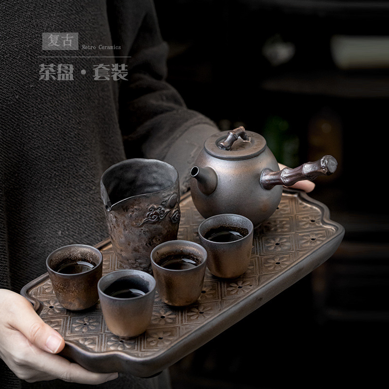 鎏金中式陶瓷茶具套装家用仿古茶壶茶杯带茶盘整套客厅泡茶小套组