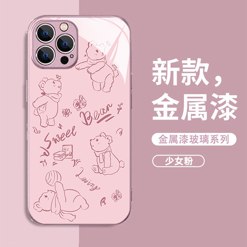 情侣小熊适用opporeno9手机壳reno8\/7\/6\/5pro高级感k10男k9s女findx5小众a96新款a93s玻璃a58x真我r17镜面a11