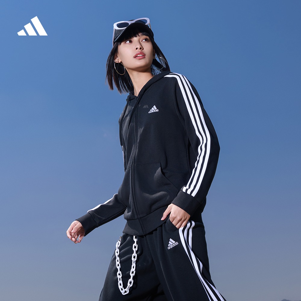 休闲舒适三条纹毛圈布连帽夹克外套女装秋季adidas阿迪达斯轻运动