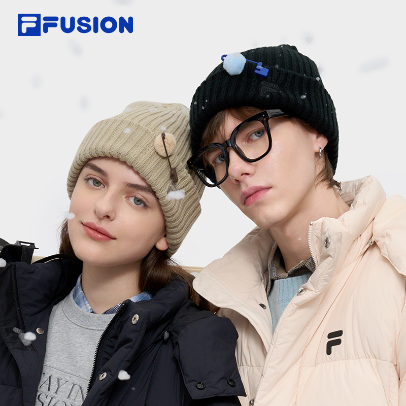 FILA FUSION斐乐情侣暖暖帽针织帽2024冬季新款纯色毛线帽女帽子