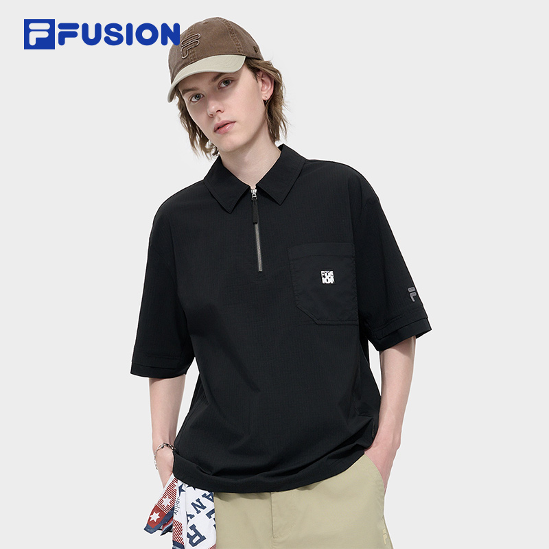 FILA FUSION斐乐潮牌翻领短袖POLO衫男2024秋新款梭织宽松时尚T恤