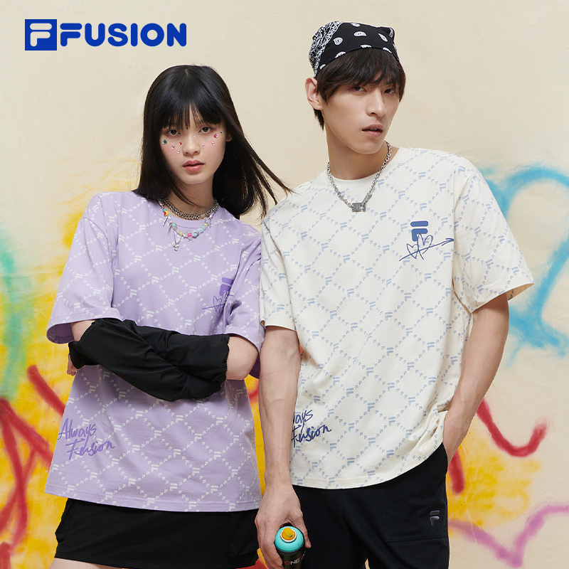 FILA FUSION斐乐潮牌情侣款老花短袖T2024春新纯棉情人节T恤男女