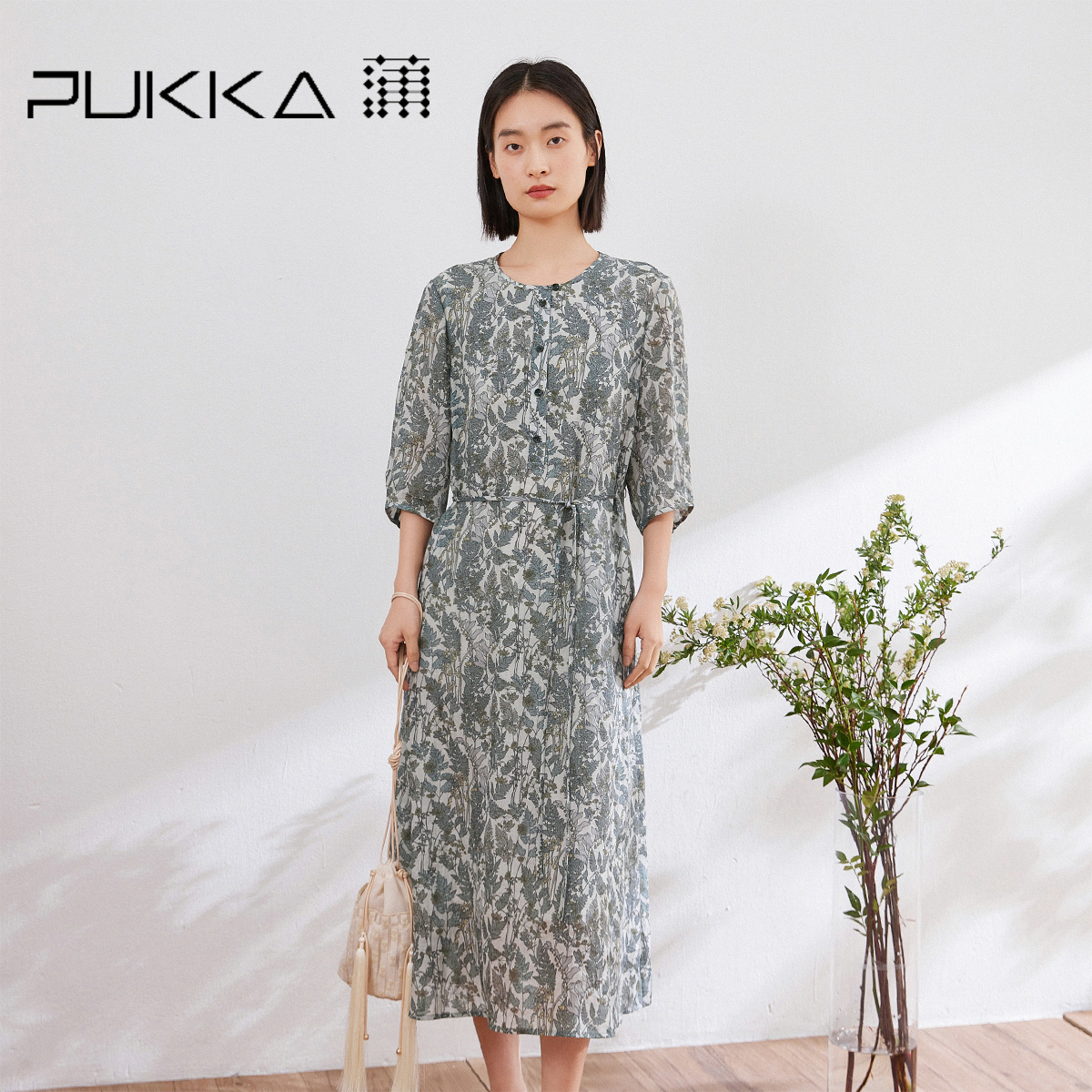 蒲PUKKKA 新中式文艺苎麻印花系带收腰显瘦中袖连衣裙24夏季新品