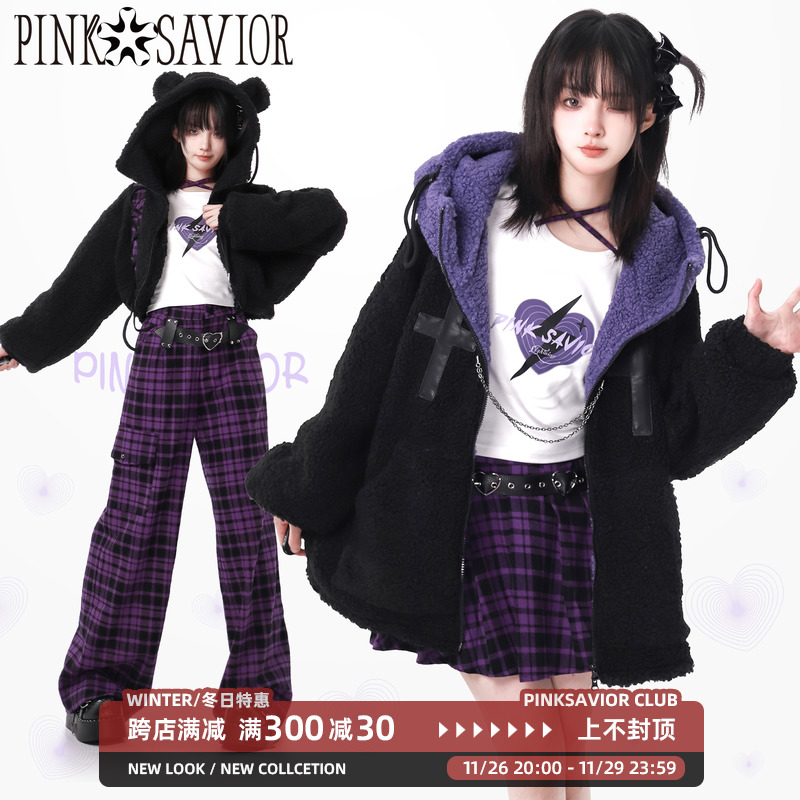 pinksavior【别动小熊！】羊羔毛加厚紫黑格纹冬季撞色显瘦女