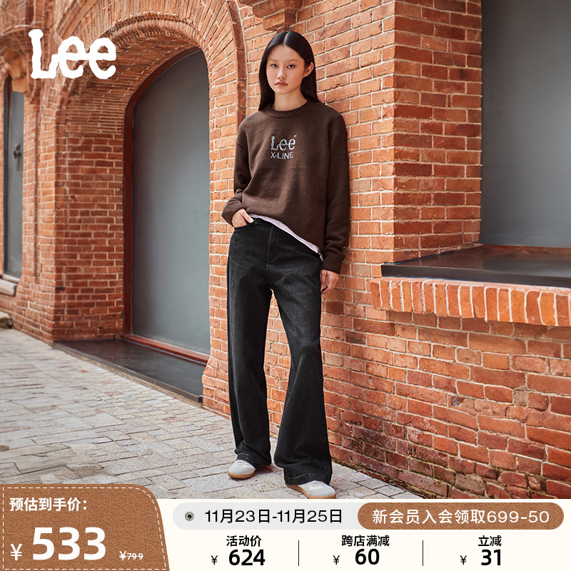 Lee24秋冬新品428舒适直筒磨毛黑色女保暖牛仔裤潮流LWB100428100