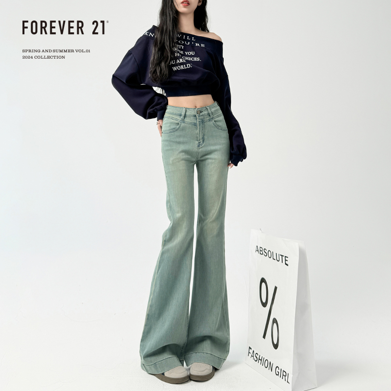 Forever 21浅蓝不贴腿喇叭牛仔裤女美式加绒修身弹力高腰马蹄裤子