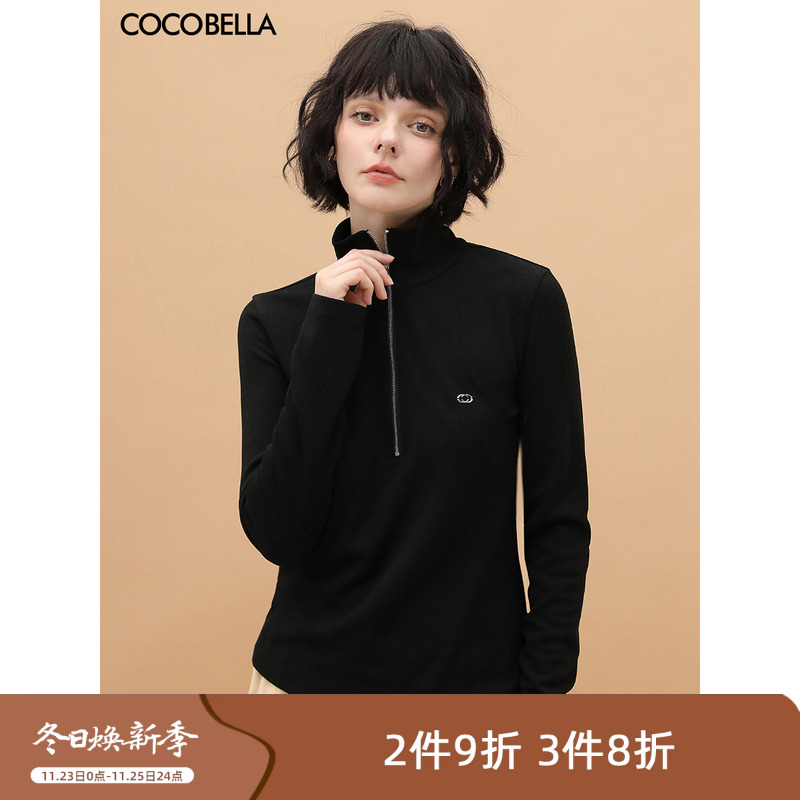 COCOBELLA金属LOGO半拉链立领POLO衫女秋冬舒适坑条针织T恤TS556