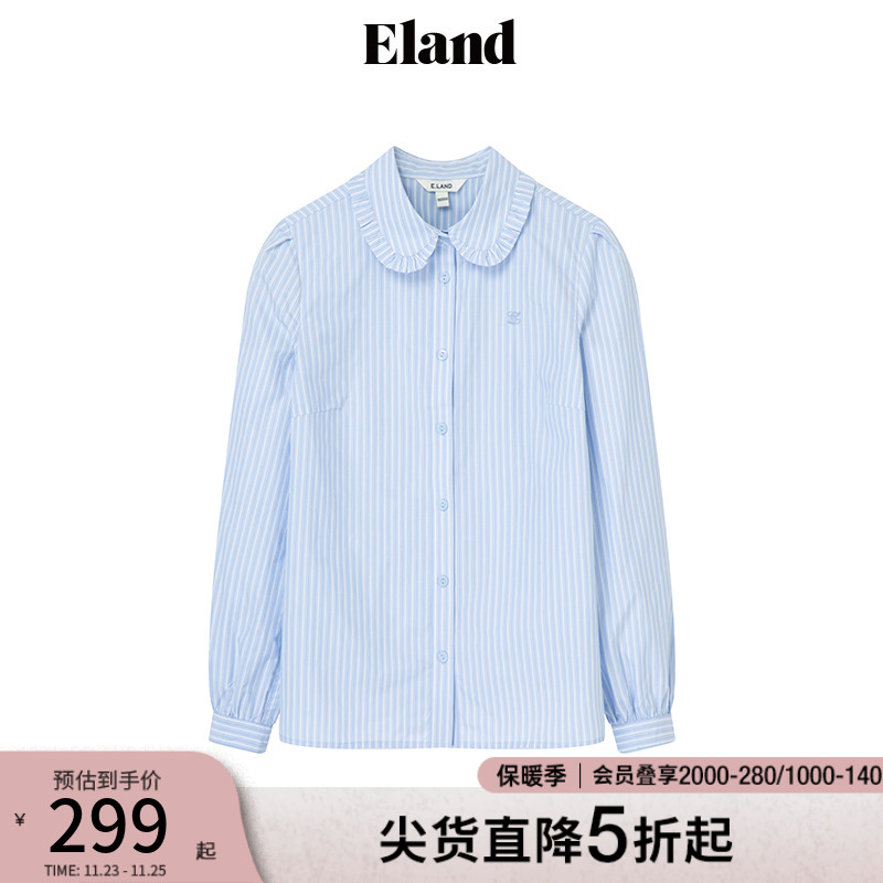 Eland衣恋衬衫女基础款娃娃领甜美学院风棉感舒适衬衣上衣24夏季