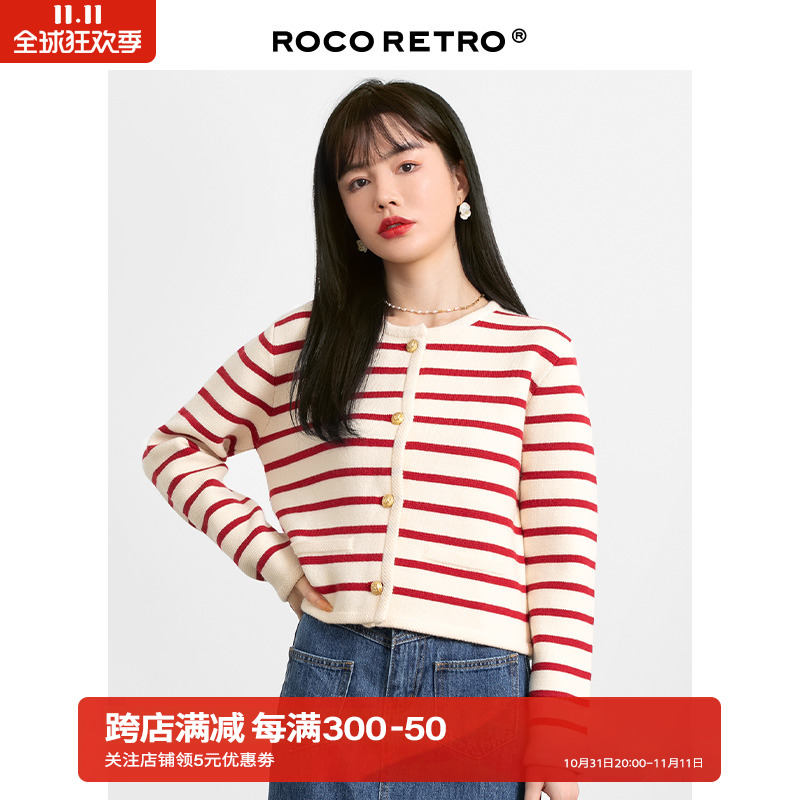 ROCO复古红白条纹针织衫女秋冬加厚日系设计感小众慵懒风毛衣外套