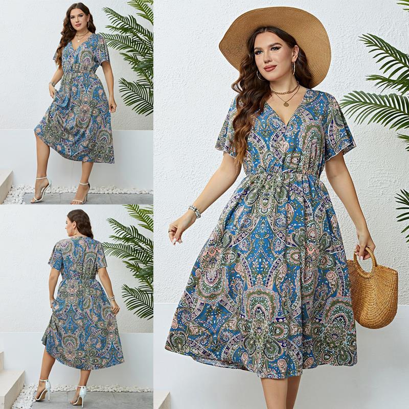 Plus size Summer V-Neck vintage dress 夏季V领收腰显瘦连衣裙