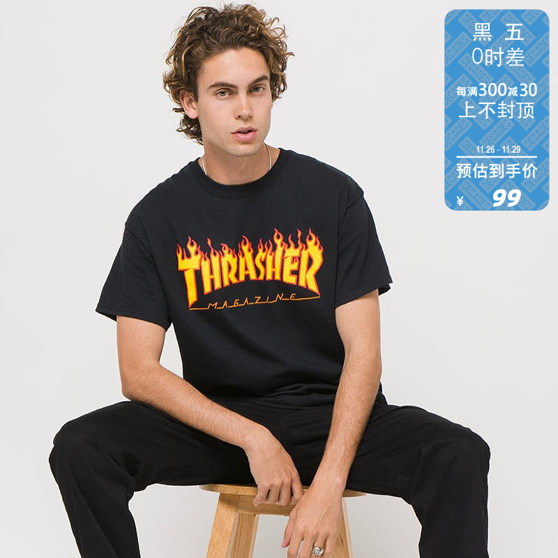 现货 THRASHER 美版经典联名情侣紫色火焰基础短袖T恤 王一博同款