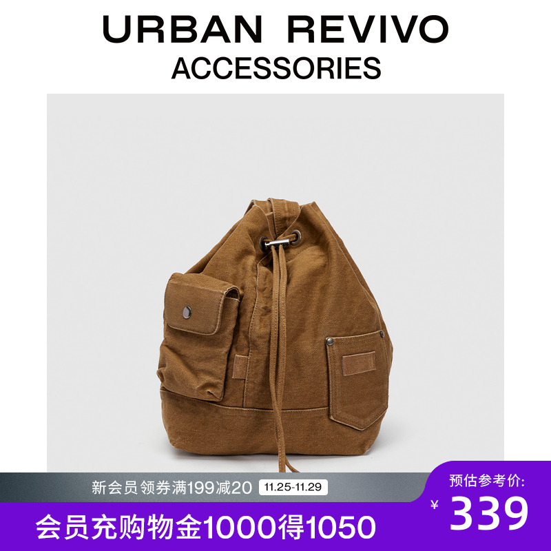 URBAN REVIVO2024冬季新款女士复古风牛仔抽绳背包UAYB40034