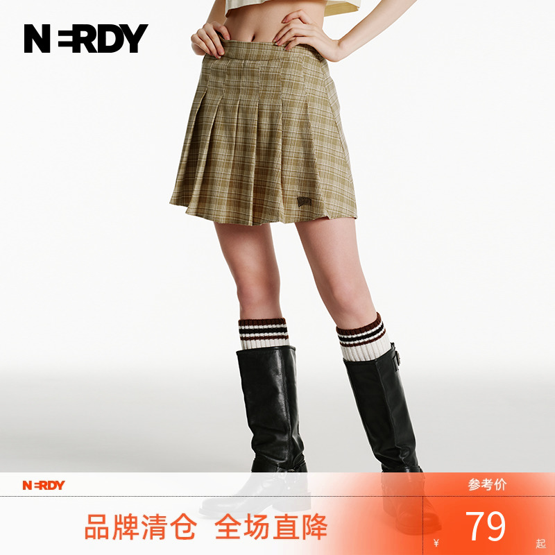 NERDY2024夏装新款学院风格纹百褶短裙女学生甜美休闲百搭裙子