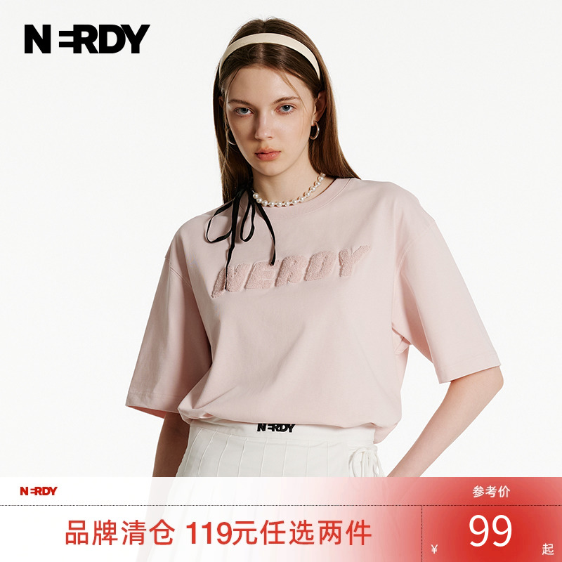 NERDY2024夏季新款毛巾绣马卡龙情侣同款宽松休闲短袖T恤女上衣