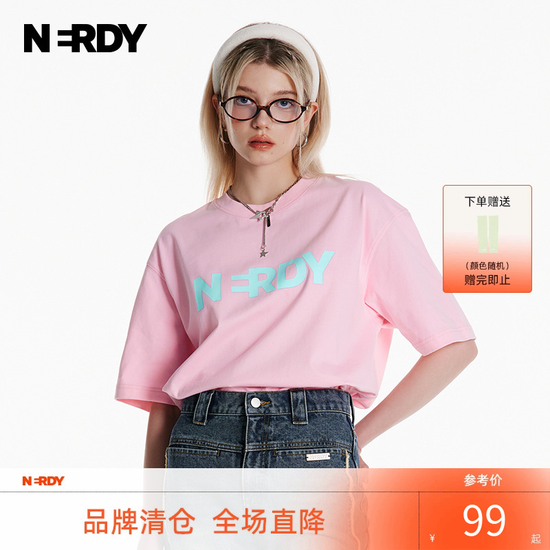 NERDY2024夏秋季新款经典logo字母印花情侣同款宽松休闲短袖t恤女