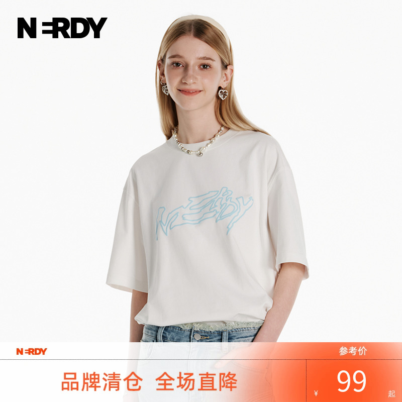 NERDY2024夏秋装新款美式字母印花情侣同款宽松休闲短袖T恤女上衣