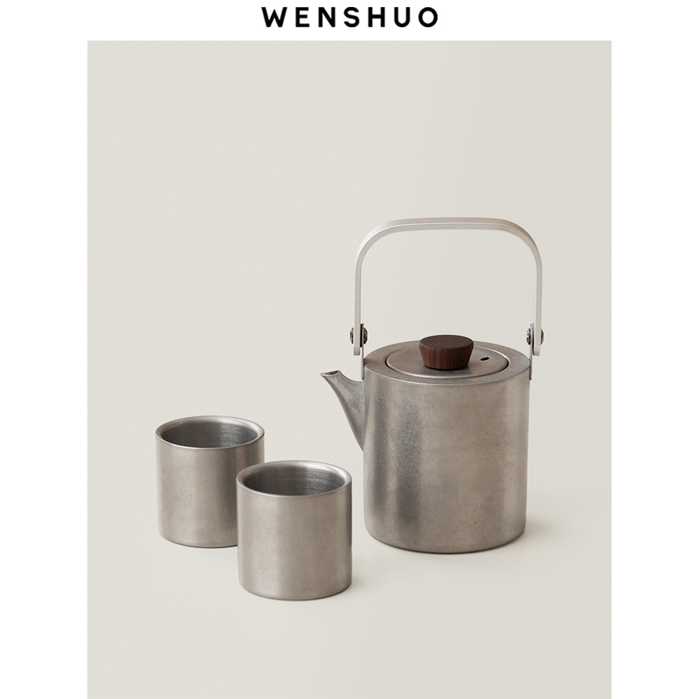 WENSHUO 户外不锈钢茶具套装提梁茶壶复古大容量家用耐高温咖啡壶