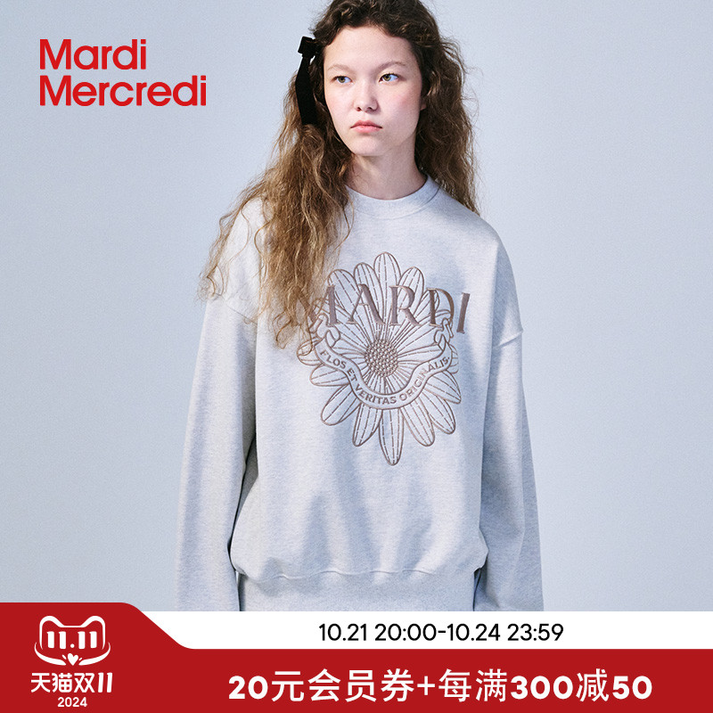 MardiMercredi小雏菊飘带刺绣圆领卫衣韩系学院徽章宽松纯棉上衣